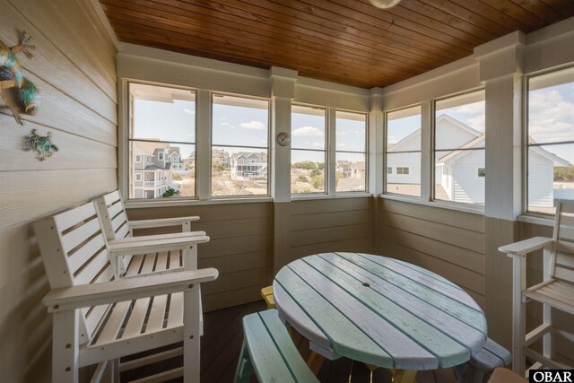 sunroom / solarium with wood walls and wood ceiling