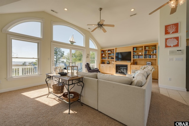 1278 Bear Foot Path Lot 250, Corolla, NC 27927 - living area featuring ceiling fan, light colored carpet, high vaulted ceiling, baseboards, and recessed lighting