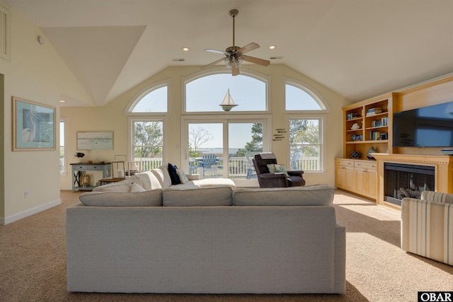 1278 Bear Foot Path Lot 250, Corolla, NC 27927 - living room with ceiling fan, healthy amount of natural light, a fireplace, light colored carpet, and lofted ceiling