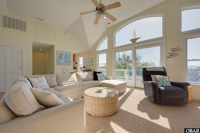 1278 Bear Foot Path Lot 250, Corolla, NC 27927 - living room with high vaulted ceiling, ceiling fan, and carpet flooring