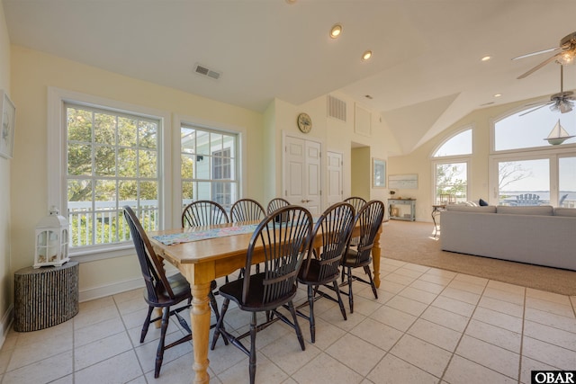 1278 Bear Foot Path Lot 250, Corolla, NC 27927 - dining area with light tile patterned flooring, ceiling fan, vaulted ceiling, baseboards, and recessed lighting