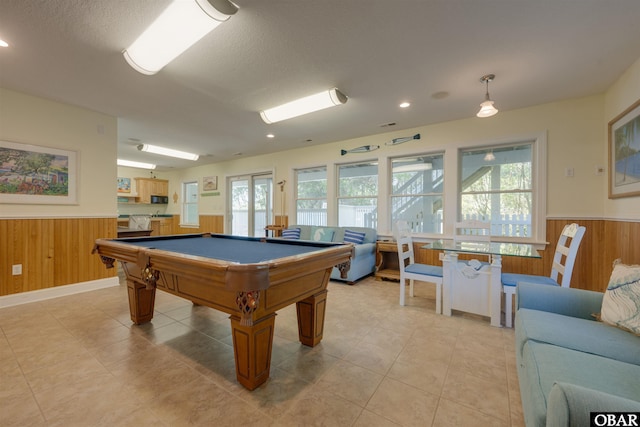 1278 Bear Foot Path Lot 250, Corolla, NC 27927 - rec room featuring a wainscoted wall, wooden walls, billiards, a textured ceiling, and light tile patterned flooring