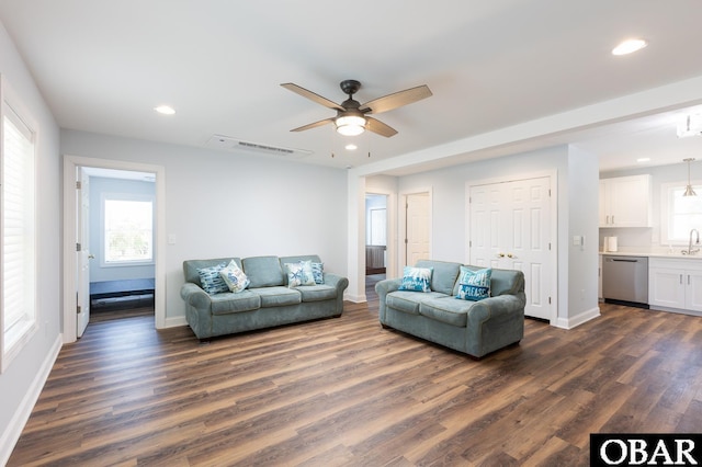 830 Hunt Club Dr Lot 387R, Corolla, NC 27927 - living room featuring baseboards, ceiling fan, dark wood-style floors, and a healthy amount of sunlight