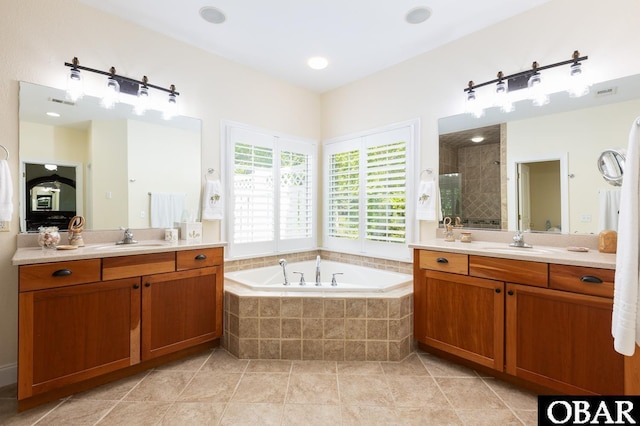 830 Hunt Club Dr Lot 387R, Corolla, NC 27927 - bathroom featuring a sink, a stall shower, a bath, and two vanities