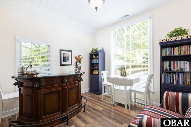 830 Hunt Club Dr Lot 387R, Corolla, NC 27927 - home office with dark wood-style flooring, baseboards, visible vents, and vaulted ceiling