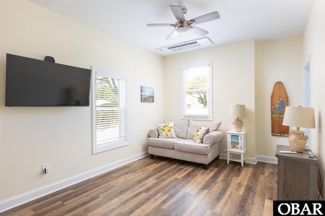 830 Hunt Club Dr Lot 387R, Corolla, NC 27927 - living room featuring visible vents, a ceiling fan, baseboards, and wood finished floors