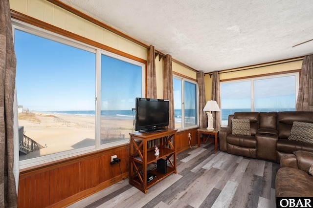 living room featuring a textured ceiling, wood finished floors, and wooden walls