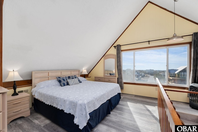 bedroom featuring lofted ceiling, light wood-type flooring, a view of city, and visible vents