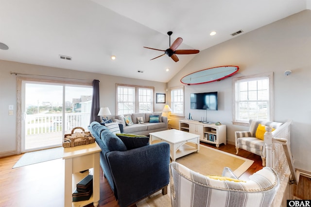 25224 Mac Oca Dr Lot 24, Waves, NC 27982 - living area featuring vaulted ceiling, ceiling fan, light wood finished floors, and recessed lighting