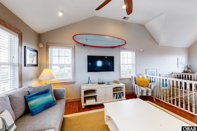 25224 Mac Oca Dr Lot 24, Waves, NC 27982 - living room featuring ceiling fan, vaulted ceiling, and wood finished floors