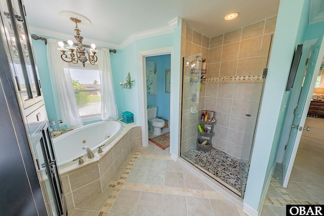 118 Neversail Way Lot 17, Coinjock, NC 27923 - bathroom with a stall shower, tile patterned floors, a whirlpool tub, a chandelier, and crown molding