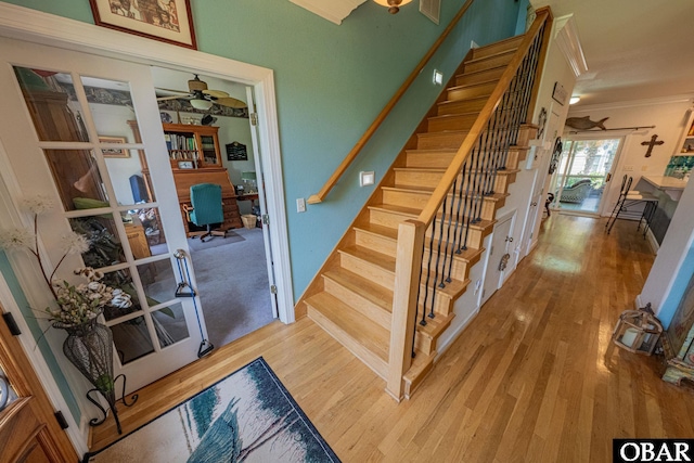 118 Neversail Way Lot 17, Coinjock, NC 27923 - staircase with ornamental molding, wood finished floors, and a ceiling fan