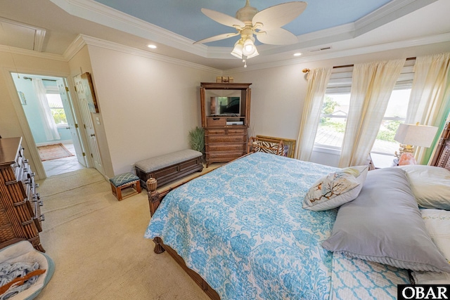 118 Neversail Way Lot 17, Coinjock, NC 27923 - bedroom featuring carpet, crown molding, attic access, a raised ceiling, and ceiling fan