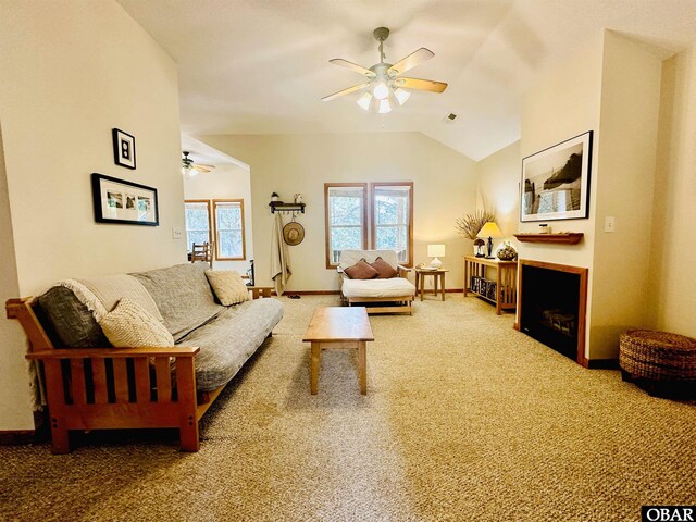 2018 Sea Horse Rd Lot # 67, Corolla, NC 27927 - carpeted living room with ceiling fan, a fireplace, and lofted ceiling