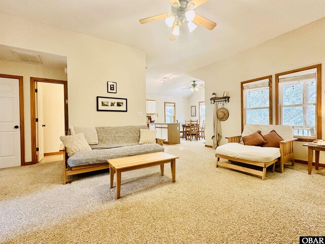 2018 Sea Horse Rd Lot # 67, Corolla, NC 27927 - living area featuring a ceiling fan, light carpet, and lofted ceiling