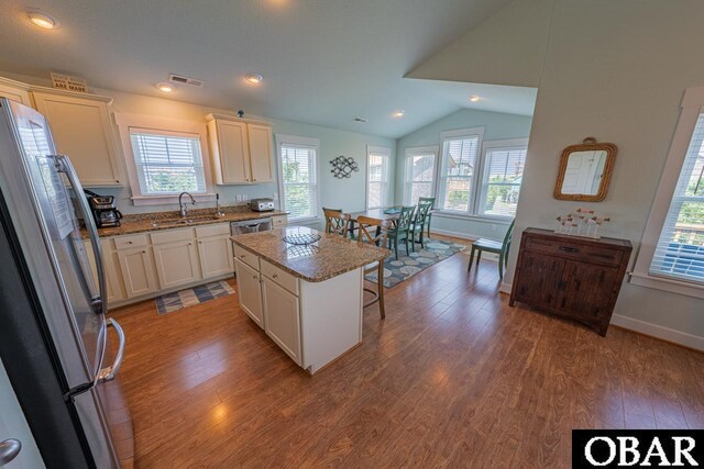 26223A Bluebeard Rd Lot 88, Salvo, NC 27972 - kitchen featuring stainless steel appliances, a sink, wood finished floors, plenty of natural light, and vaulted ceiling