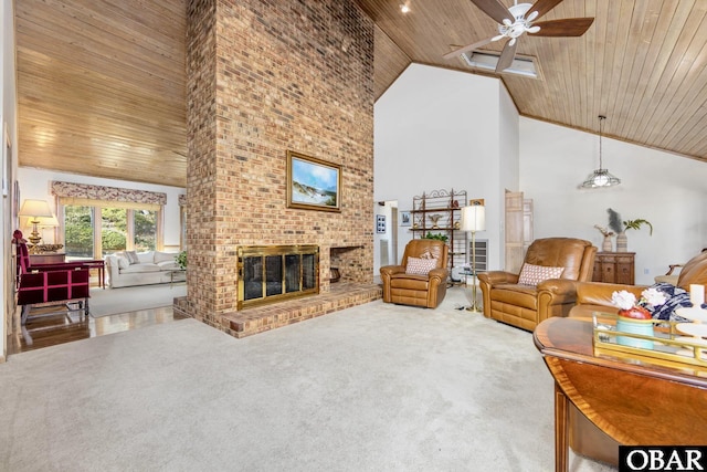 living room with a brick fireplace, wood ceiling, high vaulted ceiling, and carpet