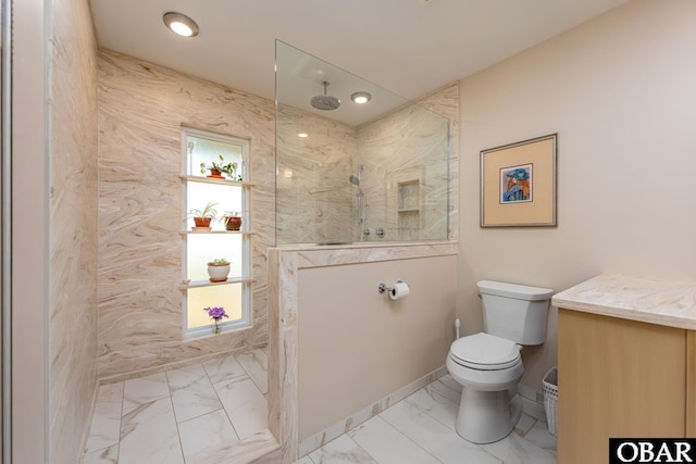 bathroom featuring a walk in shower, toilet, recessed lighting, baseboards, and marble finish floor