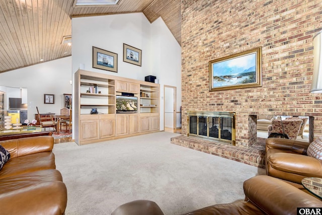 carpeted living room with high vaulted ceiling, wooden ceiling, and a fireplace