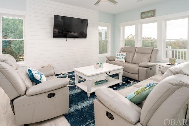 living room featuring ceiling fan