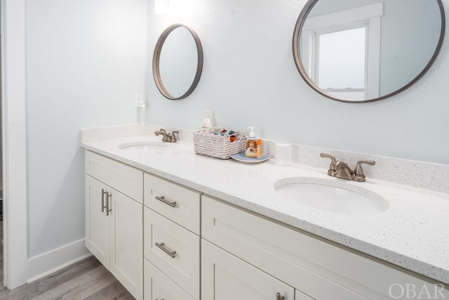 full bath featuring wood finished floors, a sink, and double vanity