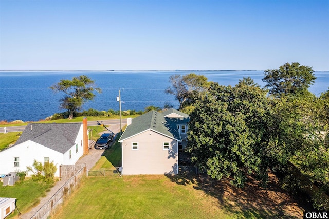 drone / aerial view with a water view