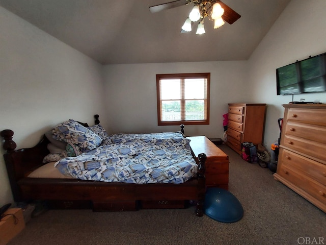 bedroom featuring lofted ceiling, ceiling fan, and carpet