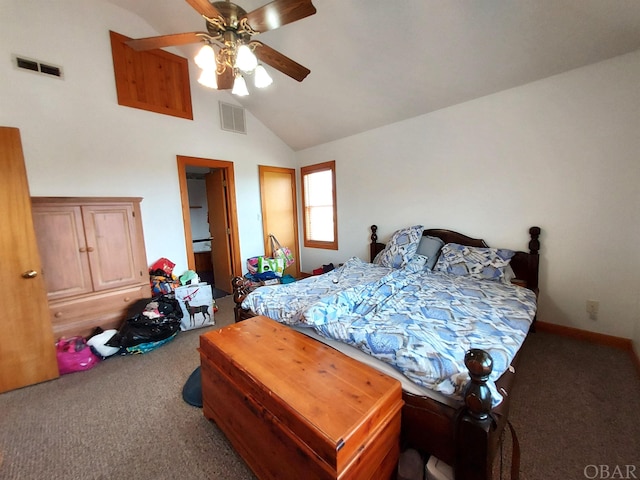 carpeted bedroom with high vaulted ceiling, visible vents, and a ceiling fan