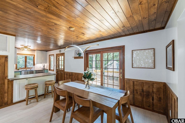 dining space with a wainscoted wall, wood walls, wooden ceiling, and light wood-style floors