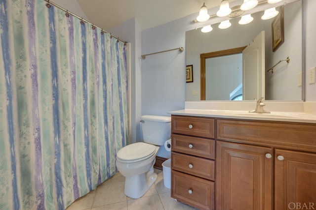 full bathroom with curtained shower, vanity, toilet, and tile patterned floors