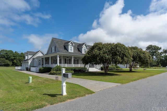 view of front of property featuring driveway, a porch, and a front yard