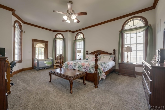 bedroom featuring ornamental molding, carpet, ceiling fan, and baseboards