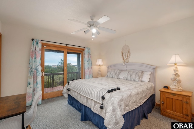 bedroom with access to exterior, ceiling fan, and light colored carpet