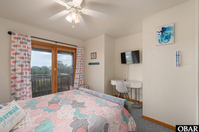 bedroom featuring a ceiling fan, access to outside, carpet flooring, and baseboards