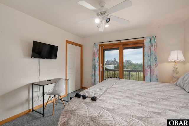 bedroom with baseboards, ceiling fan, access to exterior, carpet, and a closet