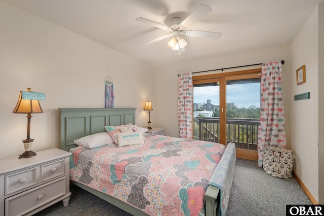 carpeted bedroom with baseboards, a ceiling fan, and access to exterior