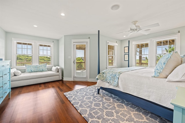 bedroom featuring baseboards, dark wood-style floors, ceiling fan, access to outside, and recessed lighting