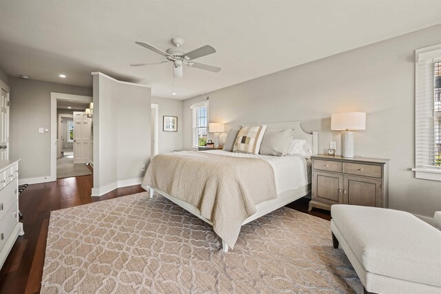 bedroom with a ceiling fan, baseboards, dark wood-style flooring, and recessed lighting