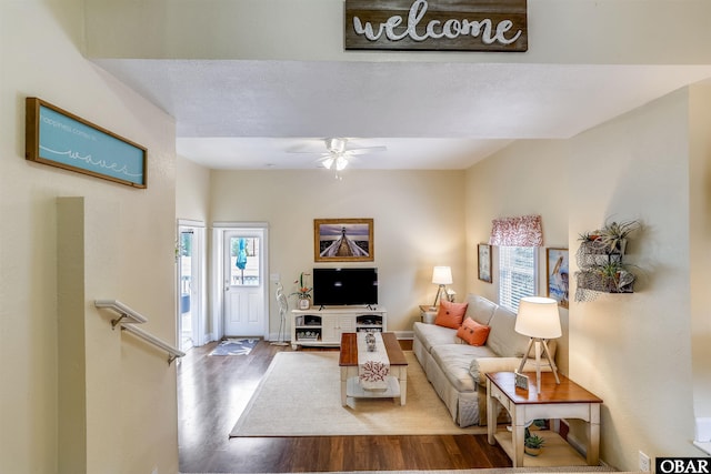 756 Lakeview Ct Lot 47, Corolla, NC 27927 - living area featuring wood finished floors, a ceiling fan, and baseboards