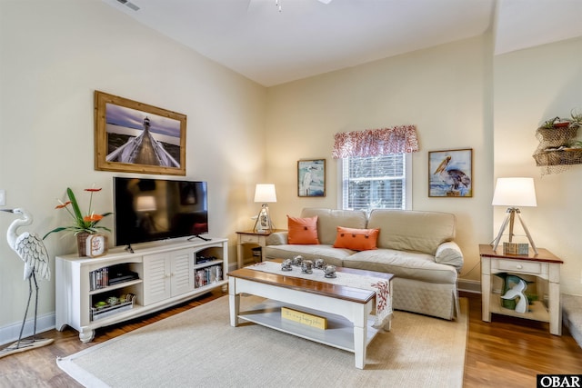 756 Lakeview Ct Lot 47, Corolla, NC 27927 - living room featuring wood finished floors, baseboards, and ceiling fan