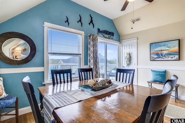 756 Lakeview Ct Lot 47, Corolla, NC 27927 - dining room featuring vaulted ceiling, wood finished floors, ceiling fan, and baseboards