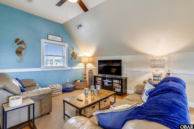 756 Lakeview Ct Lot 47, Corolla, NC 27927 - living area featuring lofted ceiling, ceiling fan, and baseboards