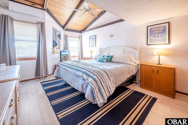 bedroom featuring light wood-style floors, lofted ceiling, wood ceiling, and a wall mounted air conditioner