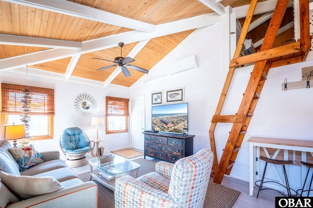 living area with beam ceiling, an AC wall unit, ceiling fan, wood finished floors, and wooden ceiling