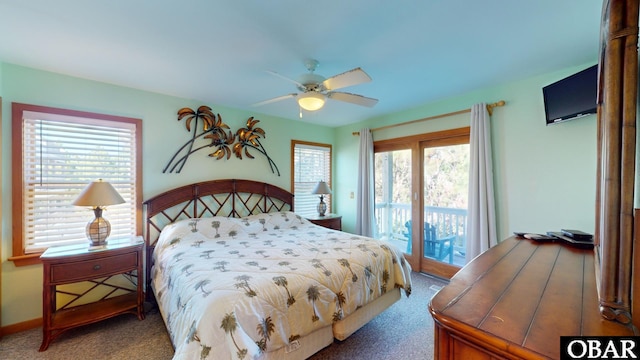 carpeted bedroom featuring baseboards, a ceiling fan, and access to outside