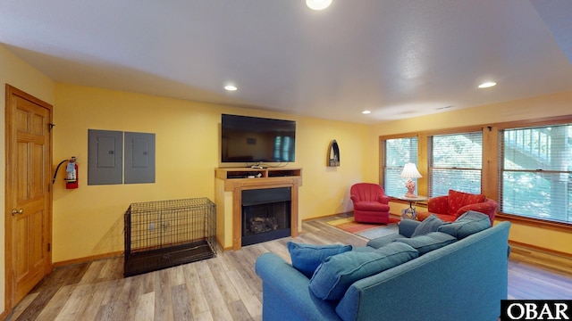 living room with electric panel, light wood finished floors, and a fireplace