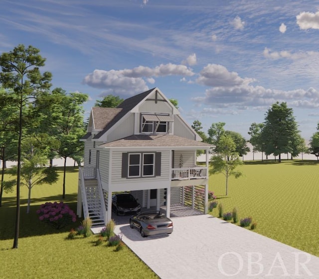 back of house with a carport, a shingled roof, and stairway