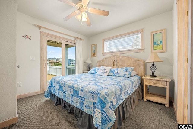 bedroom with ceiling fan, access to outside, carpet floors, and baseboards