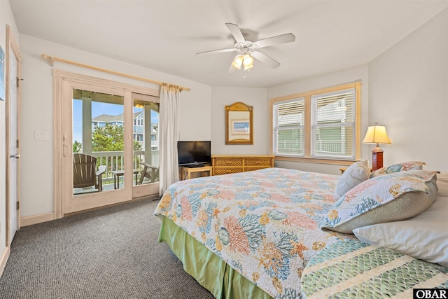 carpeted bedroom with baseboards, multiple windows, a ceiling fan, and access to exterior