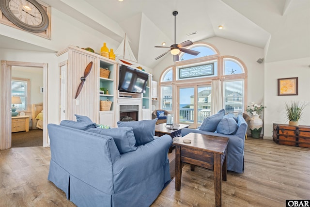 living room with light wood-type flooring, a wealth of natural light, and a fireplace